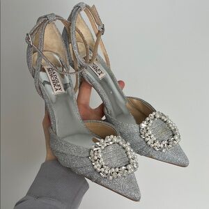 Badgley Mischka Nisha Ankle Strap Stiletto platinum silver glitter crystal pearl